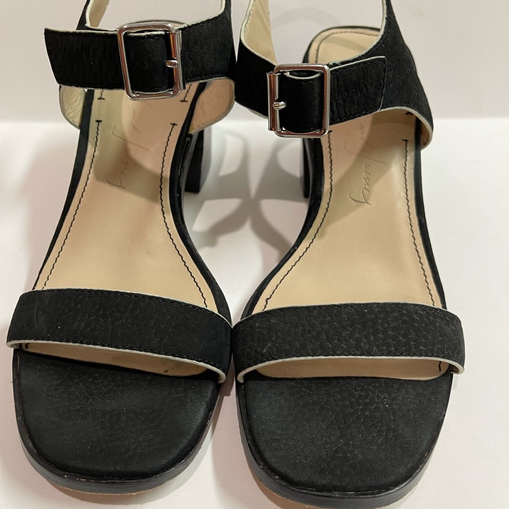 Elizabeth and James Black Ankle Strap Block Heel Sandals